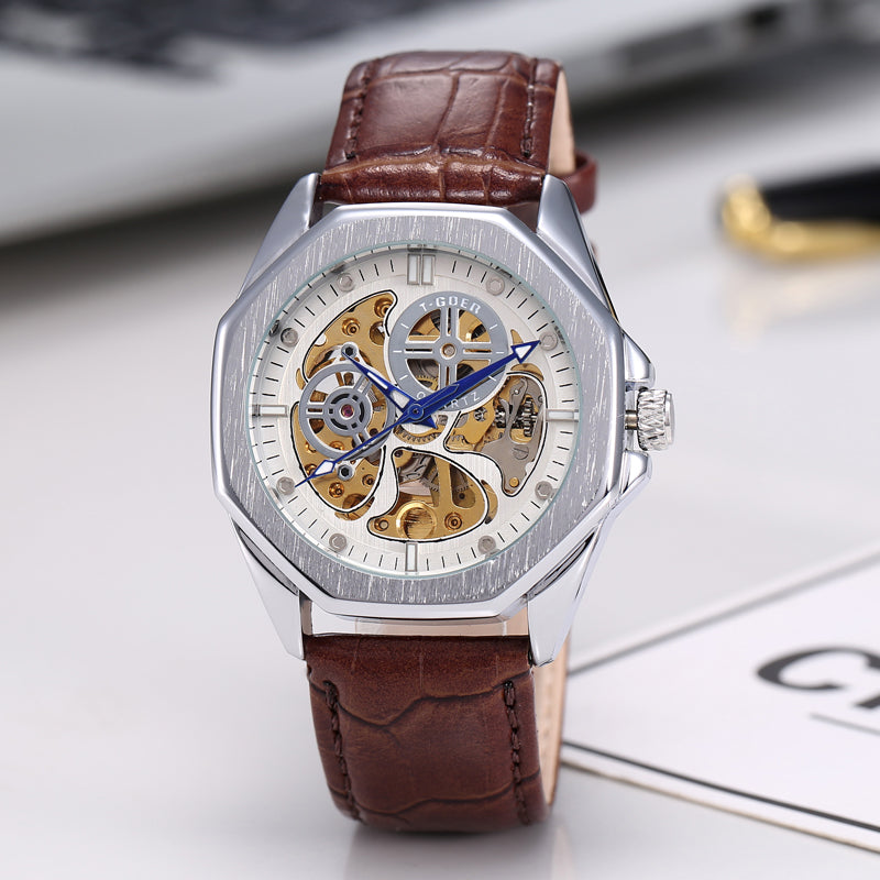 1743-Automatic Skeleton Leather Watch*OEM/ODM