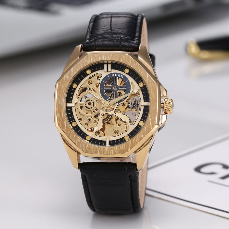 1743-Automatic Skeleton Leather Watch*OEM/ODM