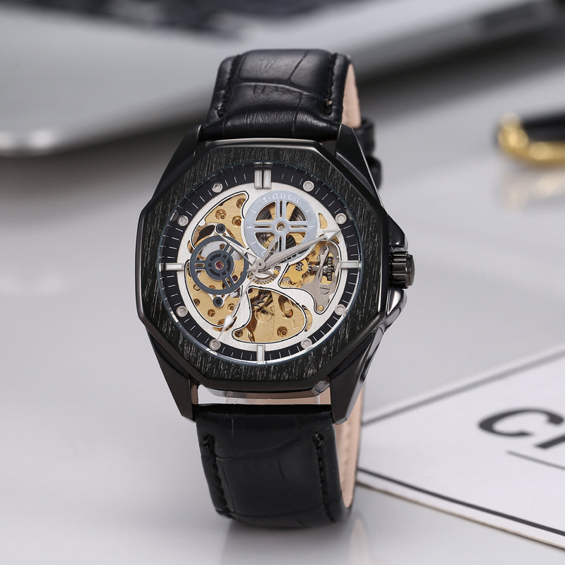 1743-Automatic Skeleton Leather Watch*OEM/ODM