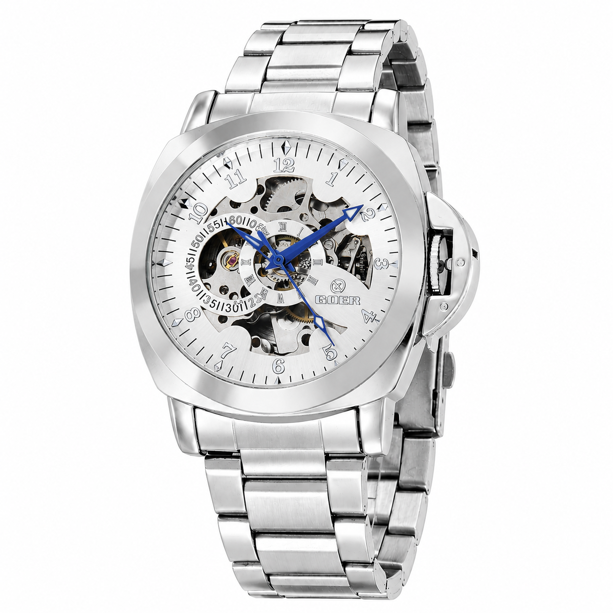 T-GOER Men's Skeleton Automatic Watch | Silver Steel & Blue Hands