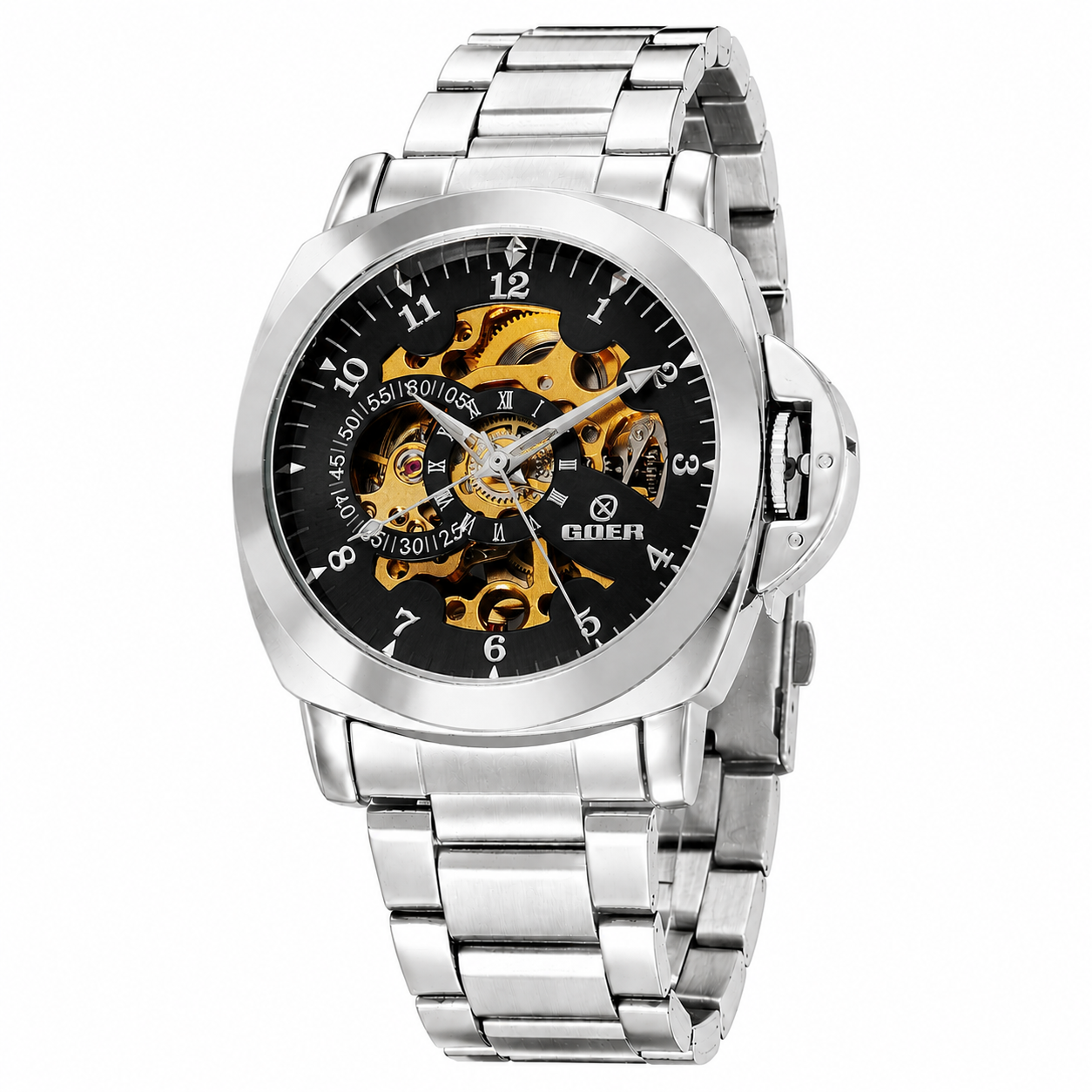 T-GOER Men's Skeleton Automatic Mechanical Watch Silver Stainless Steel Blue Hands