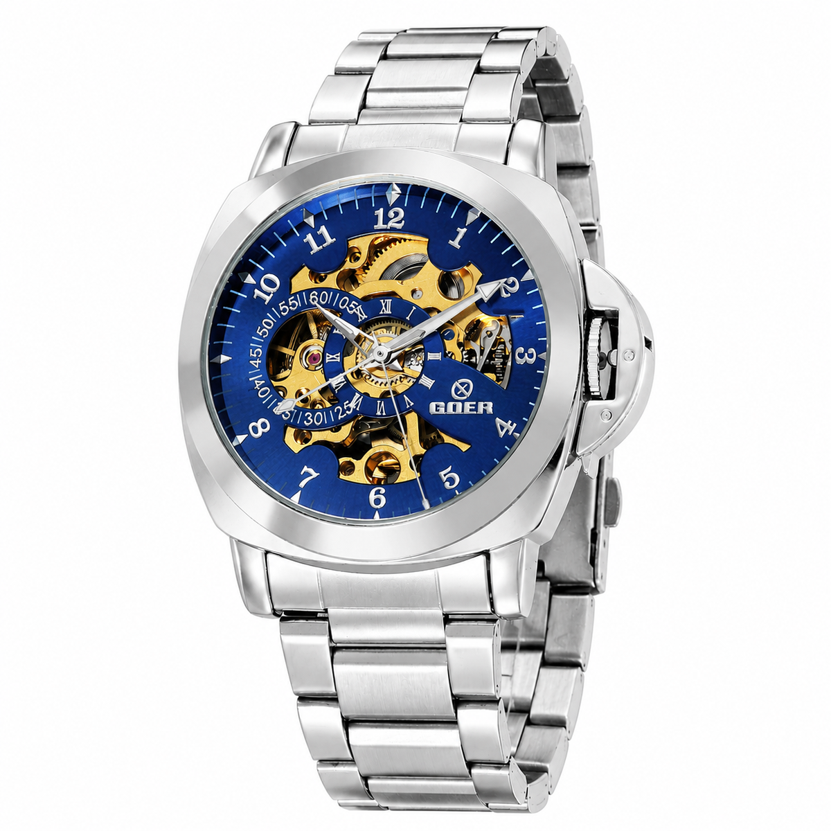 T-GOER Men's Skeleton Automatic Watch | Silver Steel & Blue Hands