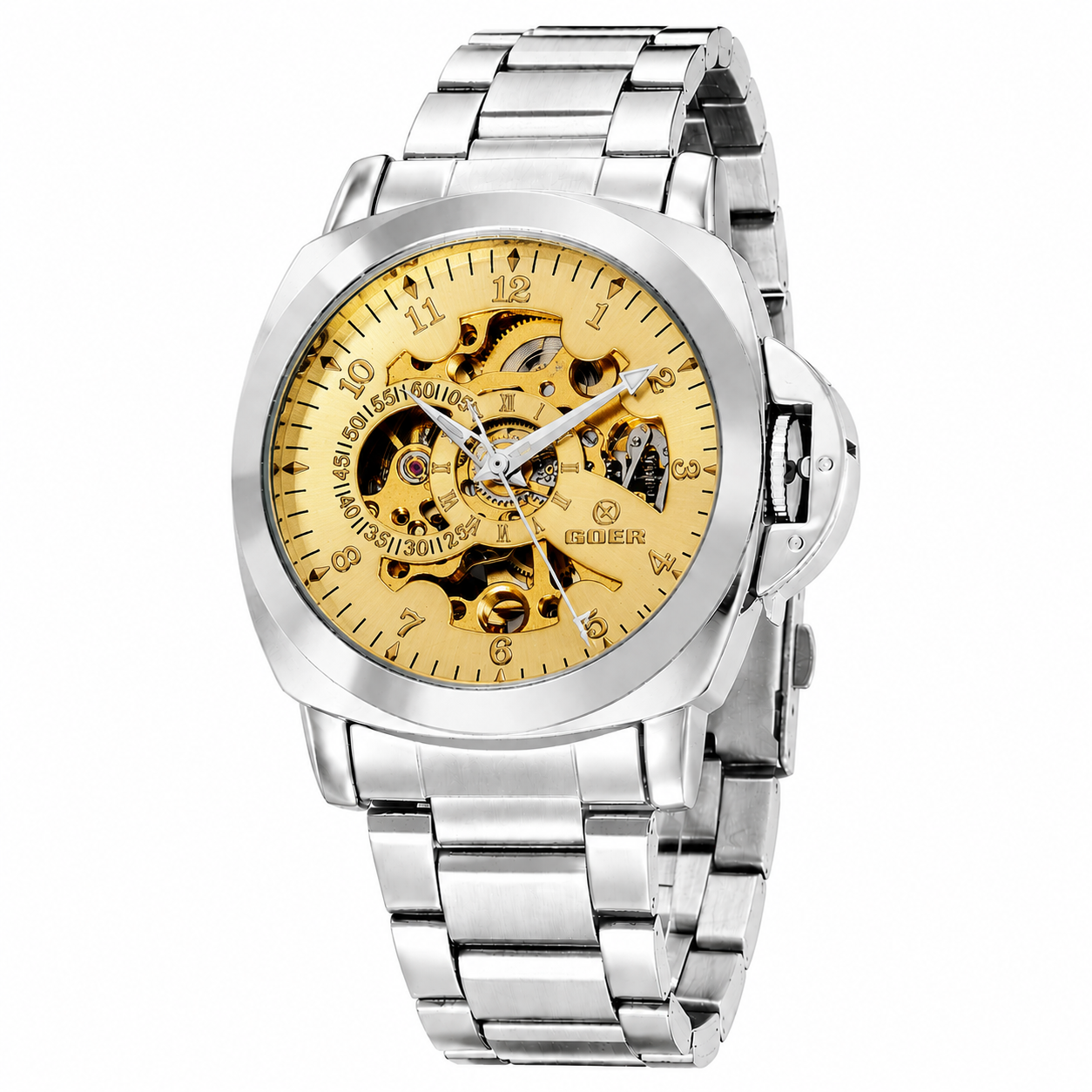 T-GOER Men's Skeleton Automatic Watch | Silver Steel & Blue Hands