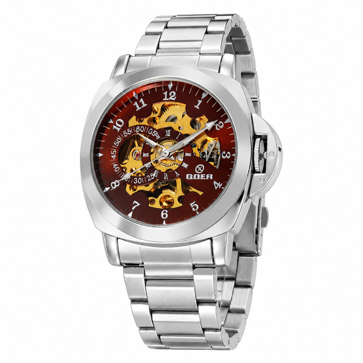 T-GOER Men's Skeleton Automatic Watch | Silver Steel & Blue Hands