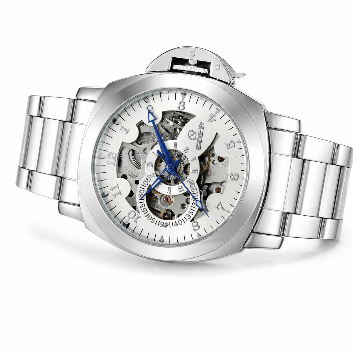 T-GOER Men's Skeleton Automatic Watch | Silver Steel & Blue Hands