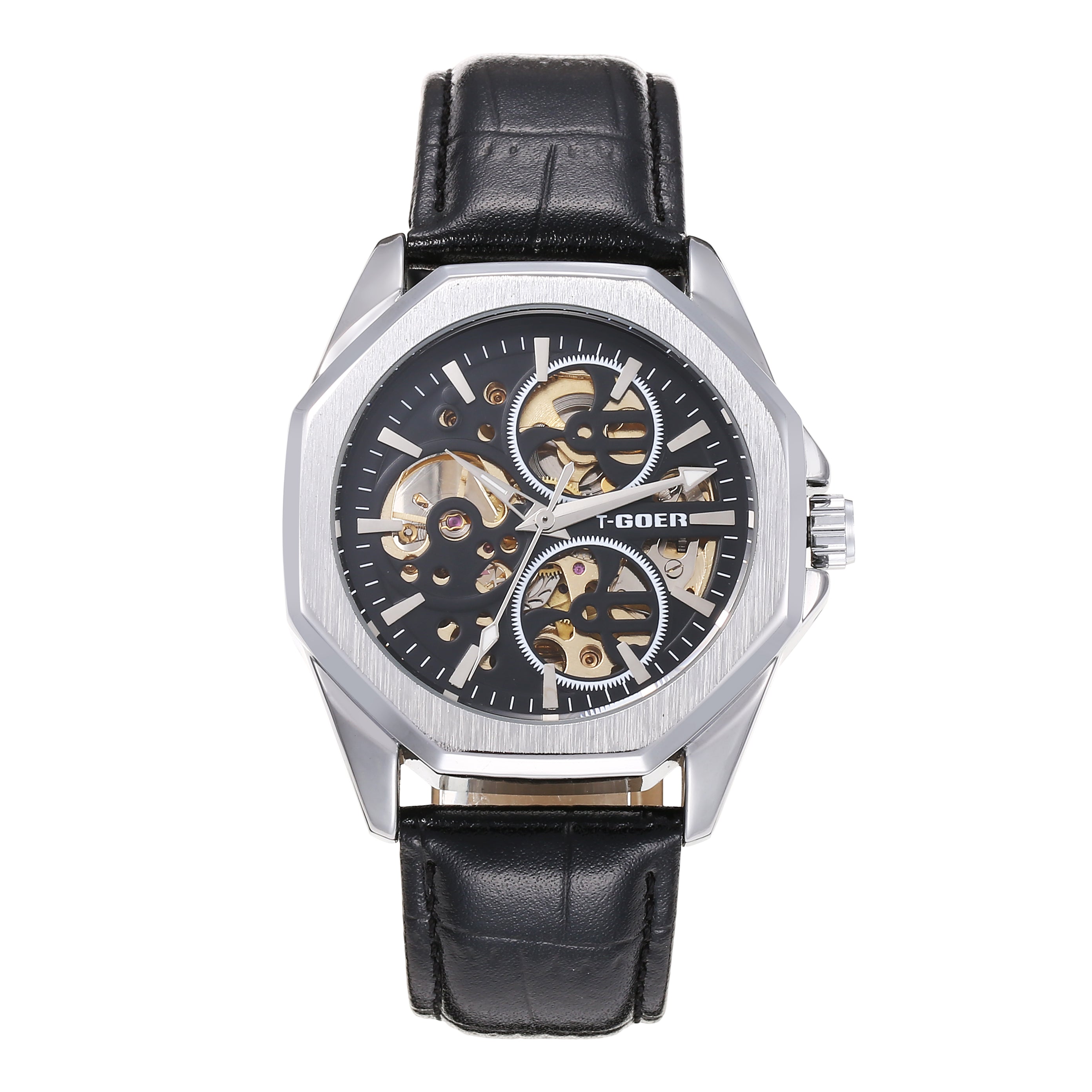 1742-Automatic mechanical skeleton leather watch